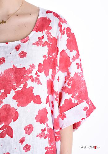 Blumenmuster Oversize u-boot ausschnitt Bluse aus Leinen 3/4 ärmel - ph 4