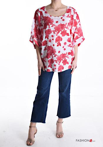 Blumenmuster Oversize u-boot ausschnitt Bluse aus Leinen 3/4 ärmel - ph 5