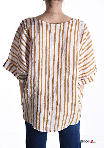 Streifenmuster Oversize u-boot ausschnitt Bluse aus Leinen 3/4 ärmel - ph 2