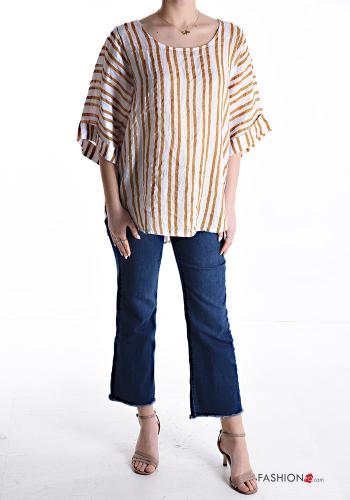Streifenmuster Oversize u-boot ausschnitt Bluse aus Leinen 3/4 ärmel - ph 5
