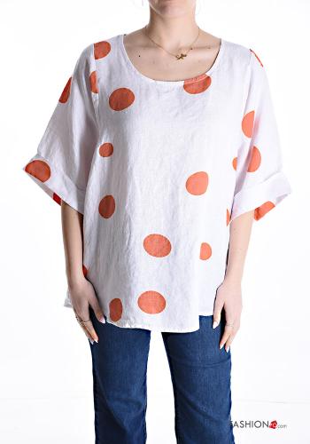 Blusa in Lino oversize girocollo Fantasia pois maniche a tre quarti - ph 1