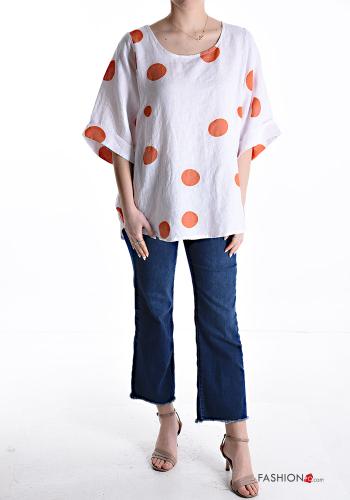 Blusa in Lino oversize girocollo Fantasia pois maniche a tre quarti - ph 5