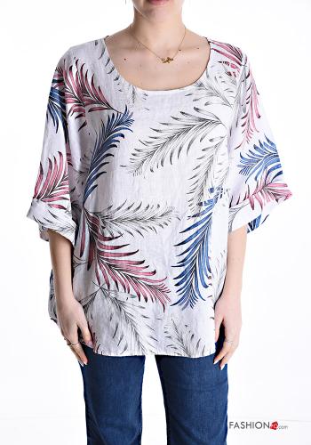 Blouse en Lin oversize col rond Imprimé feuilles manches à trois-quarts - ph 1