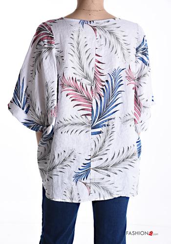 Blouse en Lin oversize col rond Imprimé feuilles manches à trois-quarts - ph 2