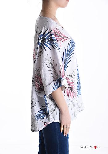Blouse en Lin oversize col rond Imprimé feuilles manches à trois-quarts - ph 3