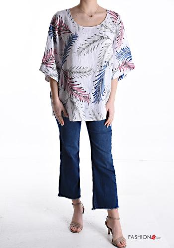 Blouse en Lin oversize col rond Imprimé feuilles manches à trois-quarts - ph 5