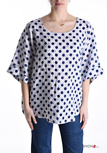 Blusa in Lino oversize girocollo Fantasia pois maniche a tre quarti - ph 1