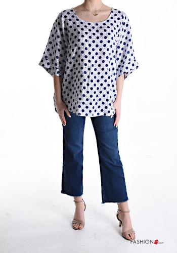 Blusa in Lino oversize girocollo Fantasia pois maniche a tre quarti - ph 5