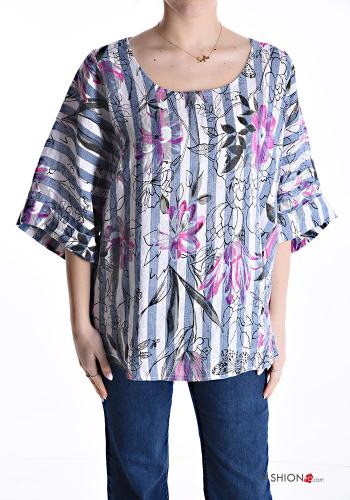 Oversize u-boot ausschnitt Bluse aus Leinen 3/4 ärmel - ph 1