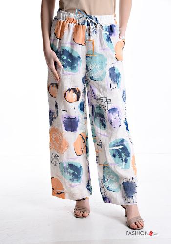Abstrakte Muster wide leg Hose aus Leinen mit Taschen mit gummizug mit kordelzug - ph 1