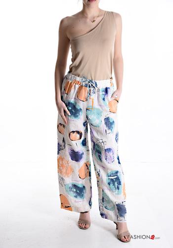 Abstrakte Muster wide leg Hose aus Leinen mit Taschen mit gummizug mit kordelzug - ph 5