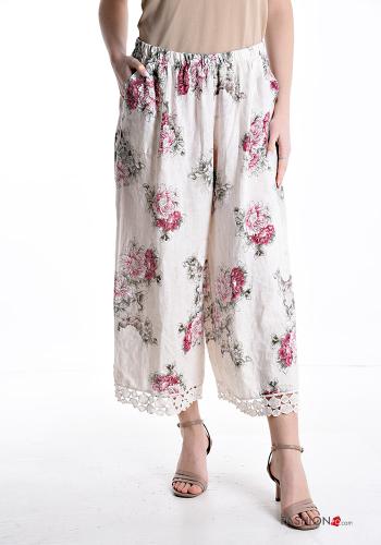 Blumenmuster Spitze- Hose aus Leinen mit Taschen mit gummizug - ph 1