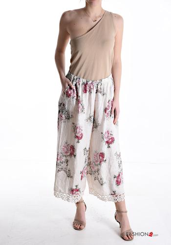 Blumenmuster Spitze- Hose aus Leinen mit Taschen mit gummizug - ph 5
