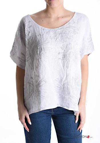 Blusa in Lino maniche corte girocollo Fantasia floreale - ph 1