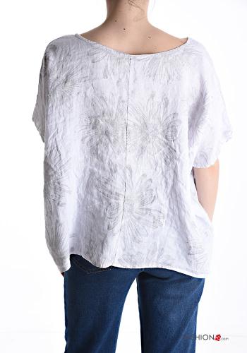 Blusa in Lino maniche corte girocollo Fantasia floreale - ph 2