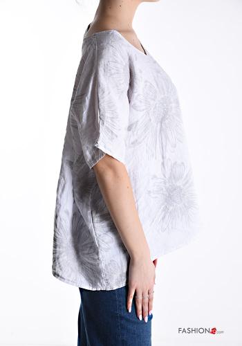 Blusa in Lino maniche corte girocollo Fantasia floreale - ph 3