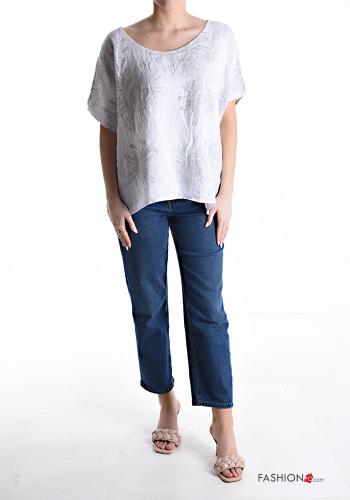 Blusa in Lino maniche corte girocollo Fantasia floreale - ph 5