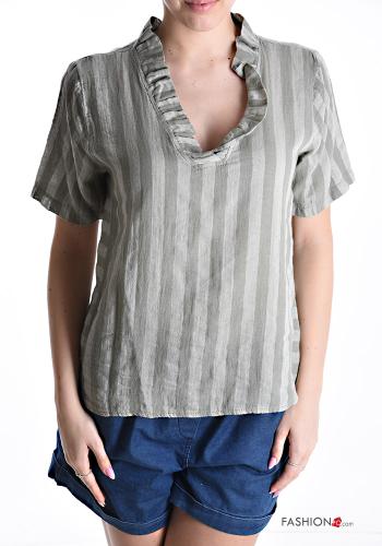 Blusa de Lino manga corta a rayas con cuello en v - ph 1
