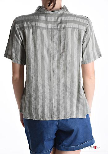 Blusa de Lino manga corta a rayas con cuello en v - ph 2
