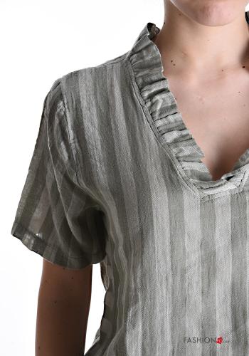 Blusa de Lino manga corta a rayas con cuello en v - ph 4