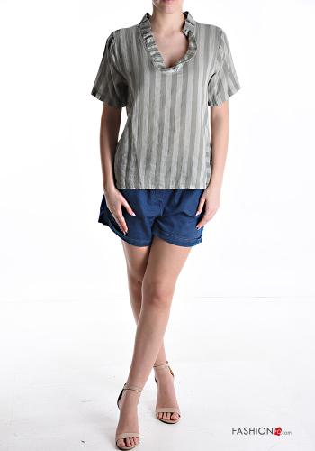 Blusa de Lino manga corta a rayas con cuello en v - ph 5
