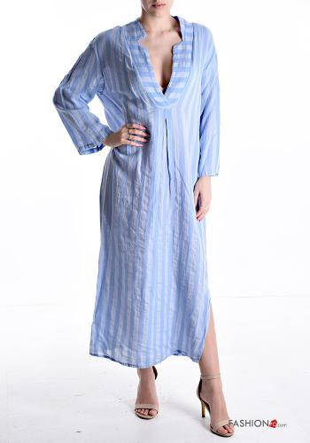 Striped long sleeve long Linen Dress with split plunging neckline - ph 1