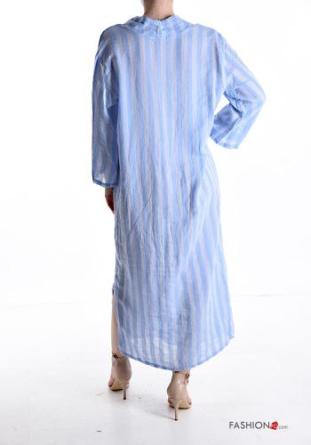 Striped long sleeve long Linen Dress with split plunging neckline - ph 2