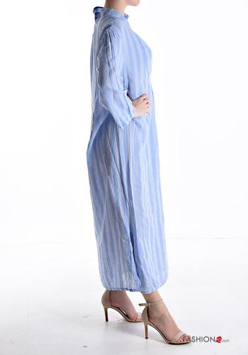 Striped long sleeve long Linen Dress with split plunging neckline - ph 3
