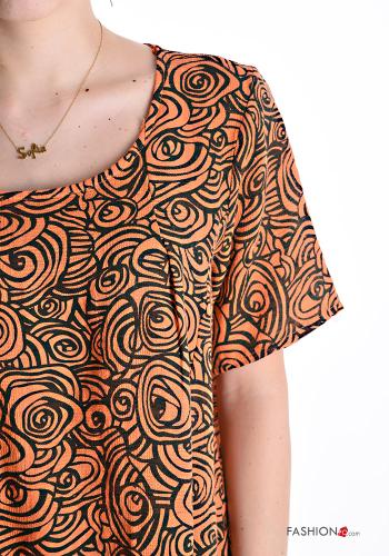 Vestido em Linho pelo joelho manga curta gola redonda Padrão abstrato - ph 4