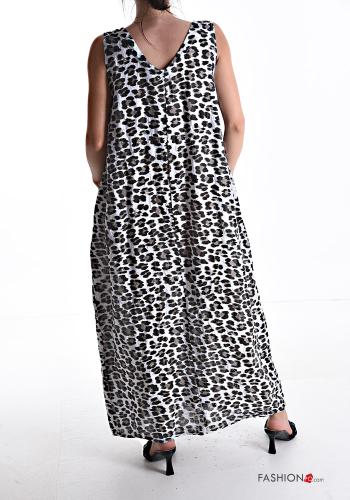 Robe en Lin sans manches longue Imprimé animalier avec poches à col en V - ph 2