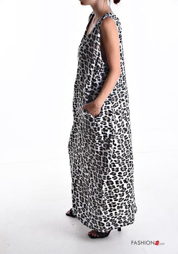 Robe en Lin sans manches longue Imprimé animalier avec poches à col en V - ph 3