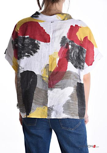 Chemise en Lin manches courtes à collet Imprimé abstrait à boutons - ph 2