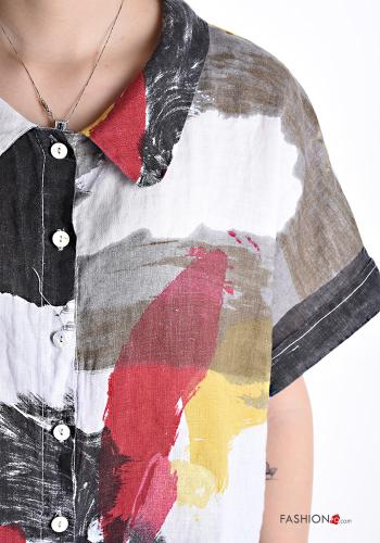 Chemise en Lin manches courtes à collet Imprimé abstrait à boutons - ph 4