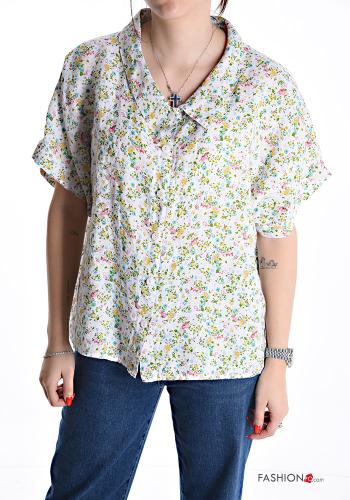 Camicia in Lino maniche corte con colletto Fantasia floreale con bottoni - ph 1
