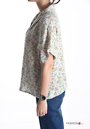 Camicia in Lino maniche corte con colletto Fantasia floreale con bottoni - ph 3