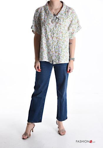 Camicia in Lino maniche corte con colletto Fantasia floreale con bottoni - ph 5