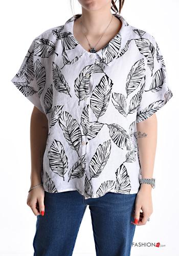 Blätterdruck kurze ärmel mit kragen Hemd aus Leinen mit Knöpfen - ph 1