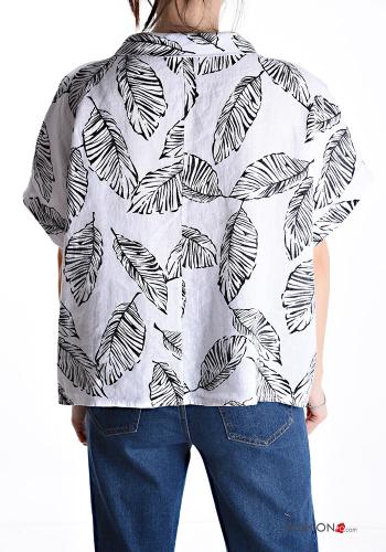 Blätterdruck kurze ärmel mit kragen Hemd aus Leinen mit Knöpfen - ph 2