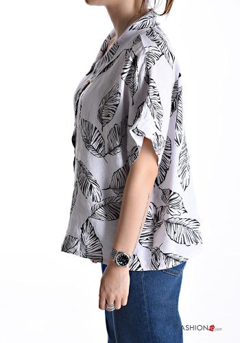 Blätterdruck kurze ärmel mit kragen Hemd aus Leinen mit Knöpfen - ph 3