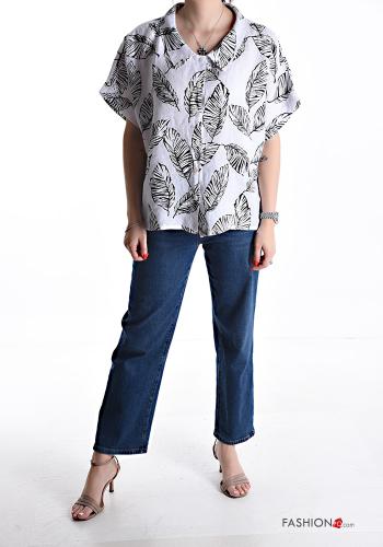 Blätterdruck kurze ärmel mit kragen Hemd aus Leinen mit Knöpfen - ph 5