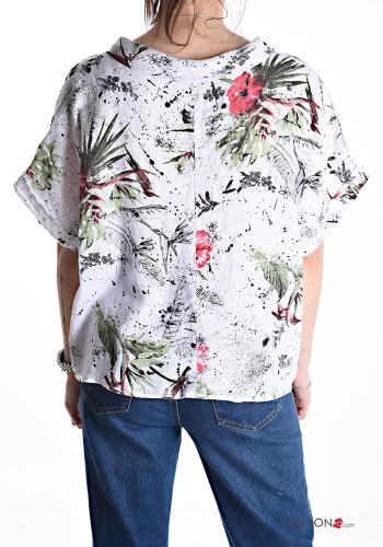 Chemise en Lin manches courtes à collet Imprimé feuilles à boutons - ph 2