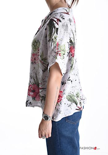 Chemise en Lin manches courtes à collet Imprimé feuilles à boutons - ph 3