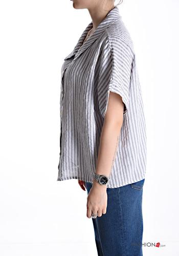 Camicia in Lino maniche corte con colletto Fantasia righe con bottoni - ph 3