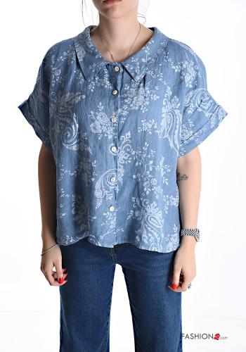 Camicia in Lino maniche corte con colletto Fantasia floreale con bottoni - ph 1