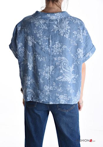 Camicia in Lino maniche corte con colletto Fantasia floreale con bottoni - ph 2