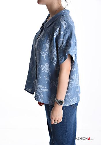 Camicia in Lino maniche corte con colletto Fantasia floreale con bottoni - ph 3