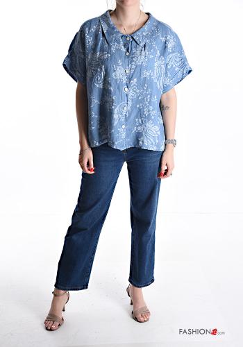 Camicia in Lino maniche corte con colletto Fantasia floreale con bottoni - ph 5
