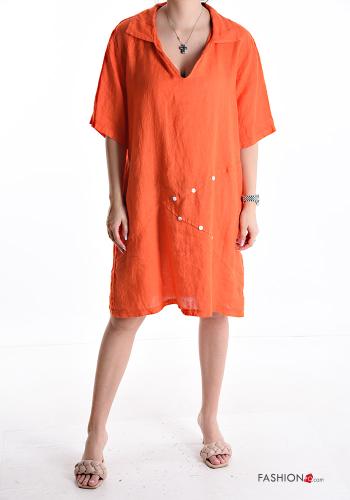 knee-length with collar Linen Dress with pockets 3/4 sleeve with v-neck - ph 1