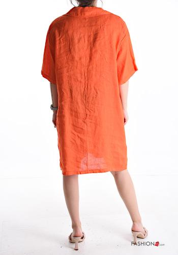 knee-length with collar Linen Dress with pockets 3/4 sleeve with v-neck - ph 2