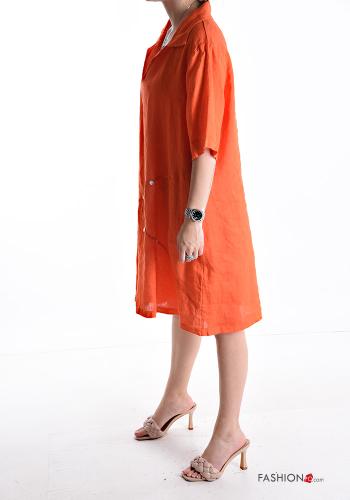 knee-length with collar Linen Dress with pockets 3/4 sleeve with v-neck - ph 3